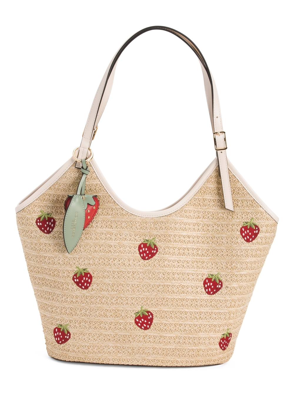 BCBGeneration Straw Tote with Red Strawberry Accents and Cream Trim